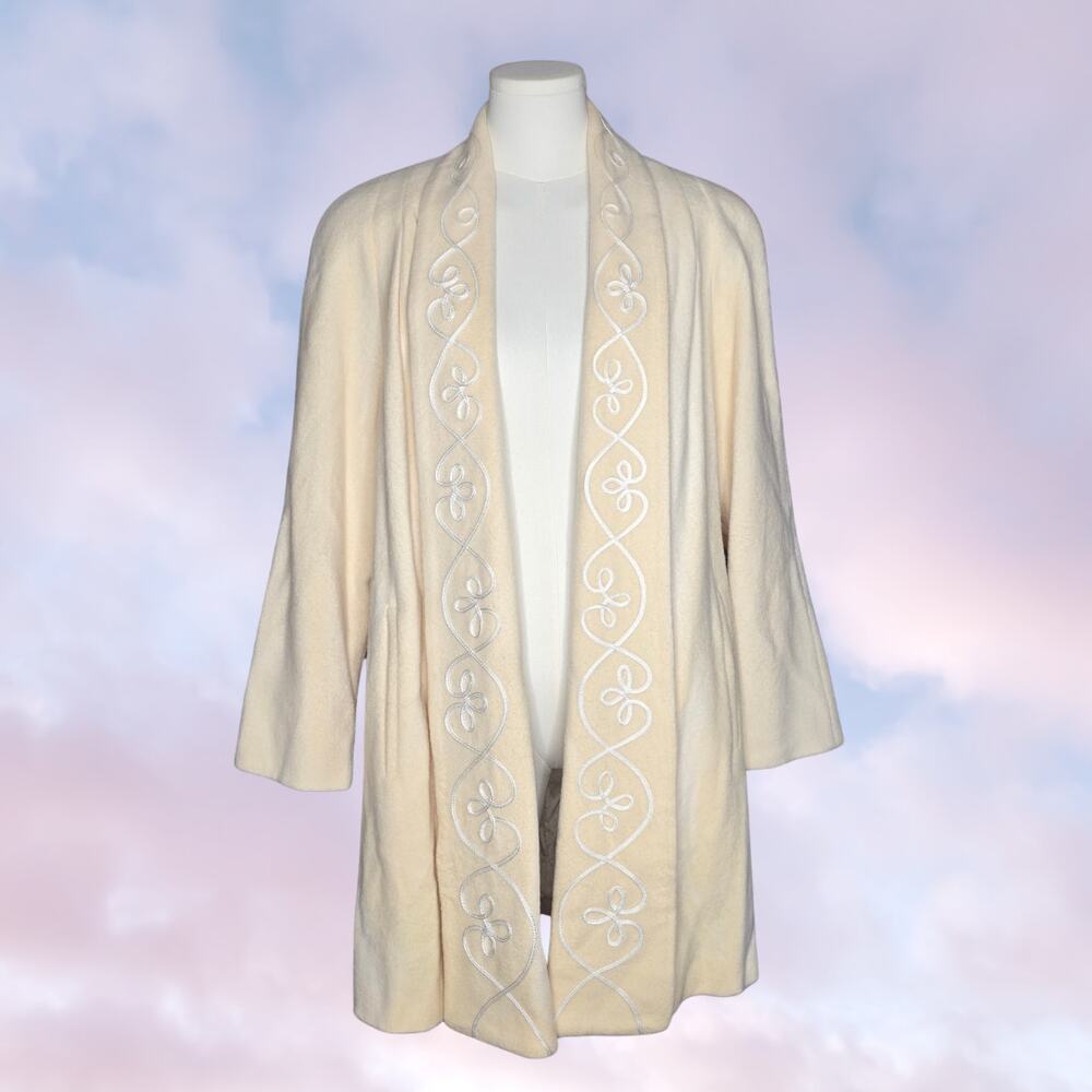 Vintage Alorna Ivory Wool Blend Embroidered Open Front Swing Coat Union Made USA
